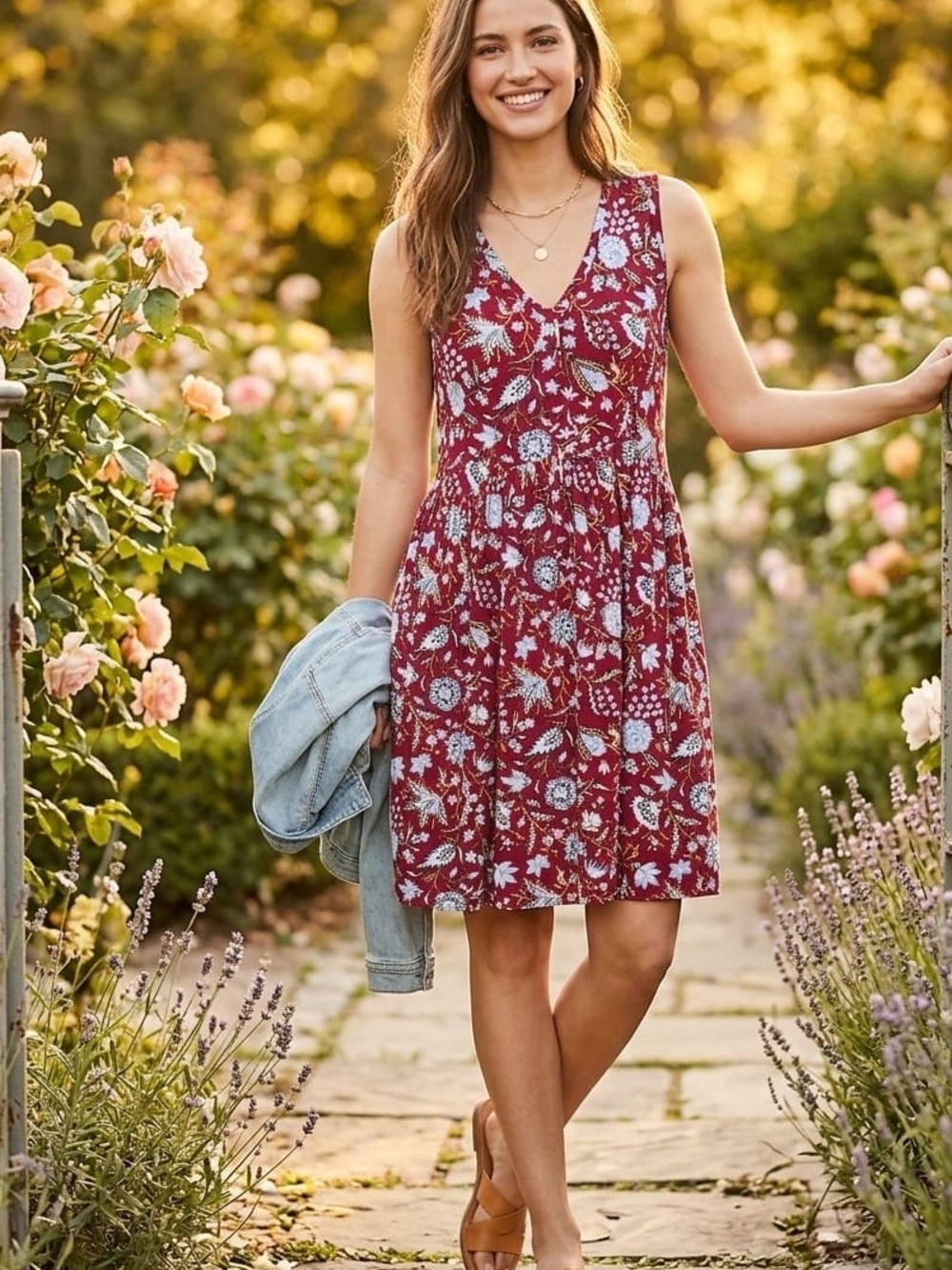 LOFT Outlet Womens Red/Blue/White Floral A-Line V-Neck Sleeveless Knit Dress M